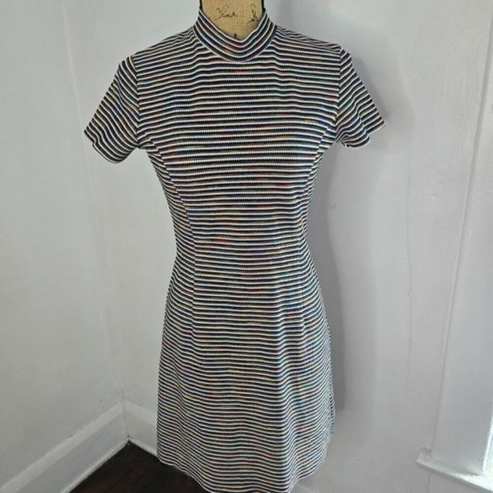 Vintage 60s 70s Black Neon Space Dyed Striped Mock Neck Mini Dress